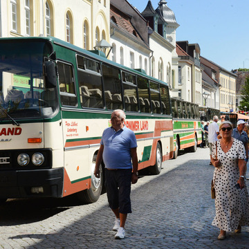 Historische Busse stehen in der Fußgängerzone.