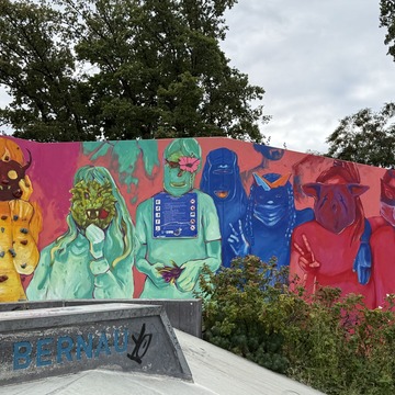 Eine bunte Wand am Skatepark. 